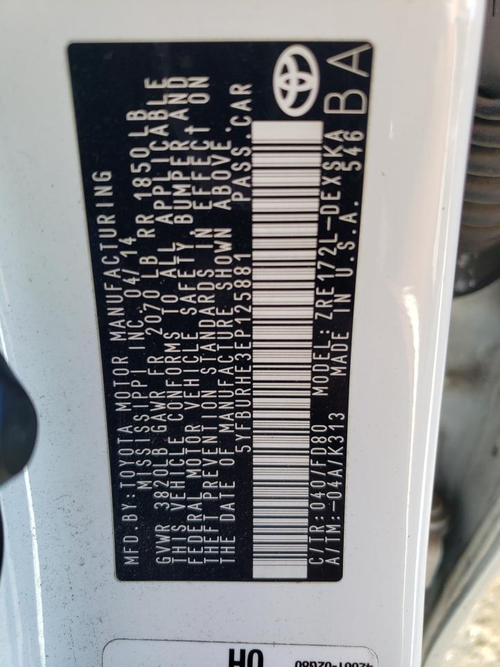 2014 Toyota Corolla L VIN: 5YFBURHE3EP125881 Lot: 82231885