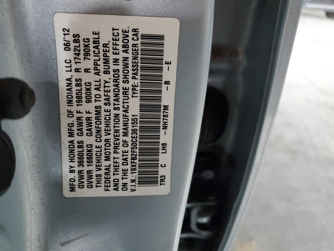 2012 Honda Civic Lx VIN: 19XFB2F50CE361551 Lot: 85794695