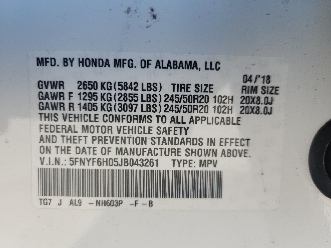 2018 Honda Pilot Elite VIN: 5FNYF6H05JB043261 Lot: 87446215