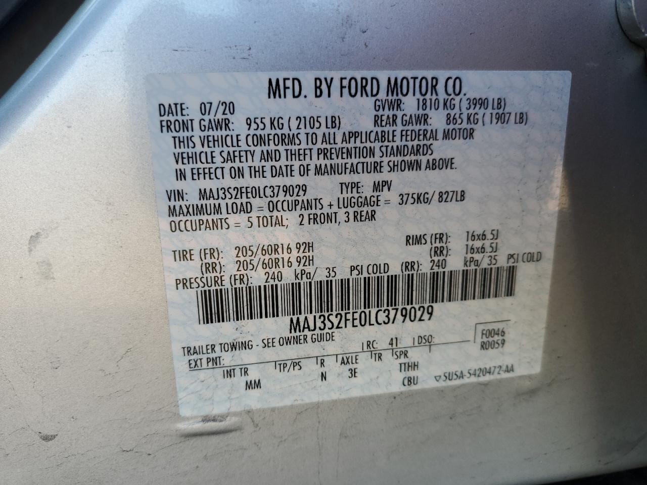 2020 Ford Ecosport S VIN: MAJ3S2FE0LC379029 Lot: 90923105