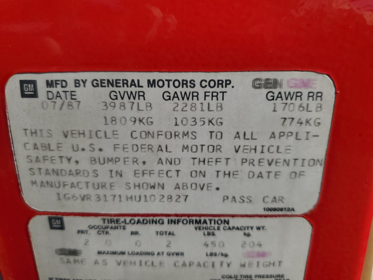 1987 Cadillac Allante VIN: 1G6VR3171HU102827 Lot: 85000855