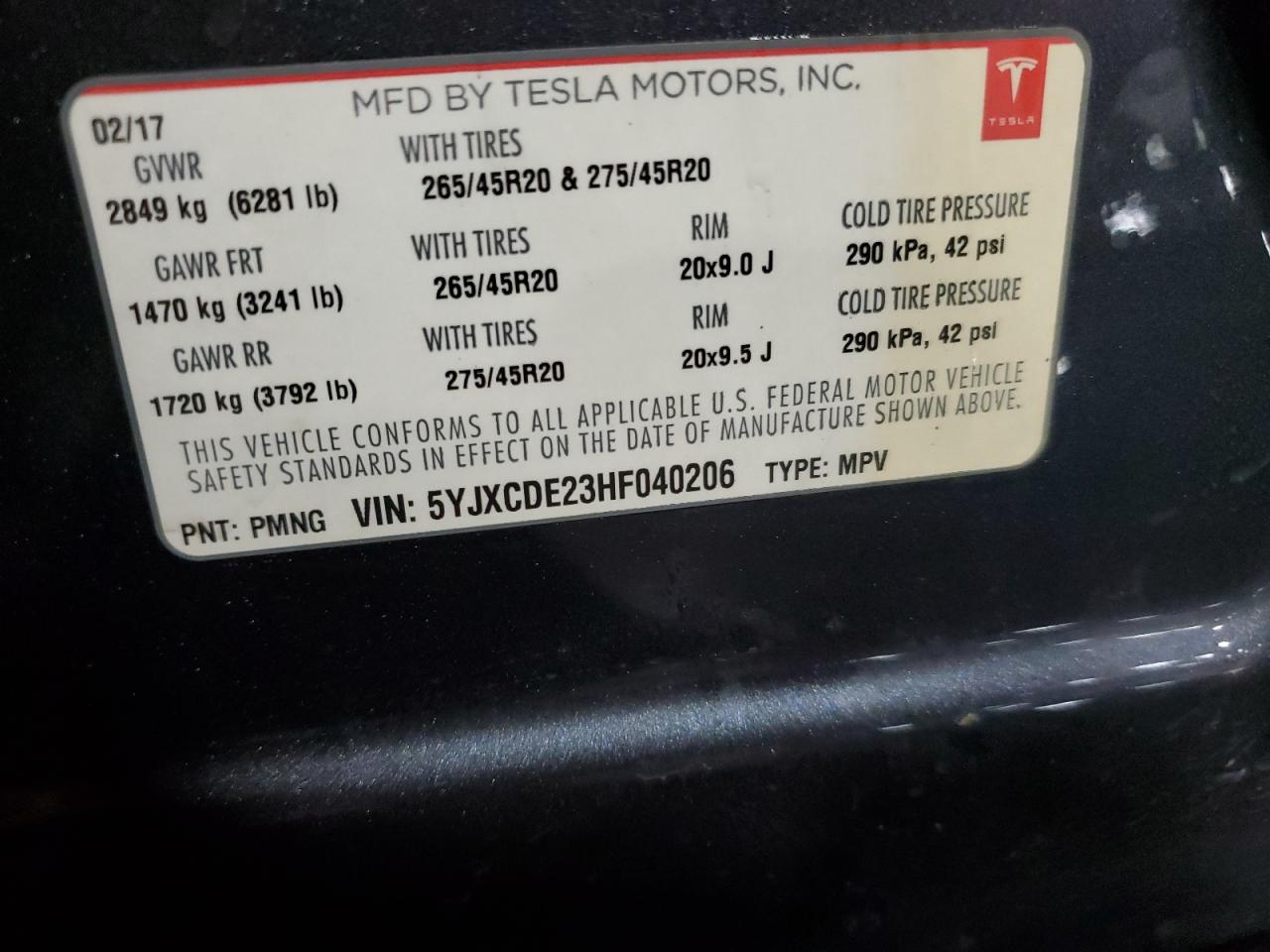 2017 Tesla Model X VIN: 5YJXCDE23HF040206 Lot: 85196835