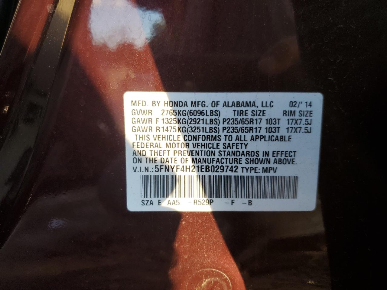 2014 Honda Pilot Lx VIN: 5FNYF4H21EB029742 Lot: 86149035