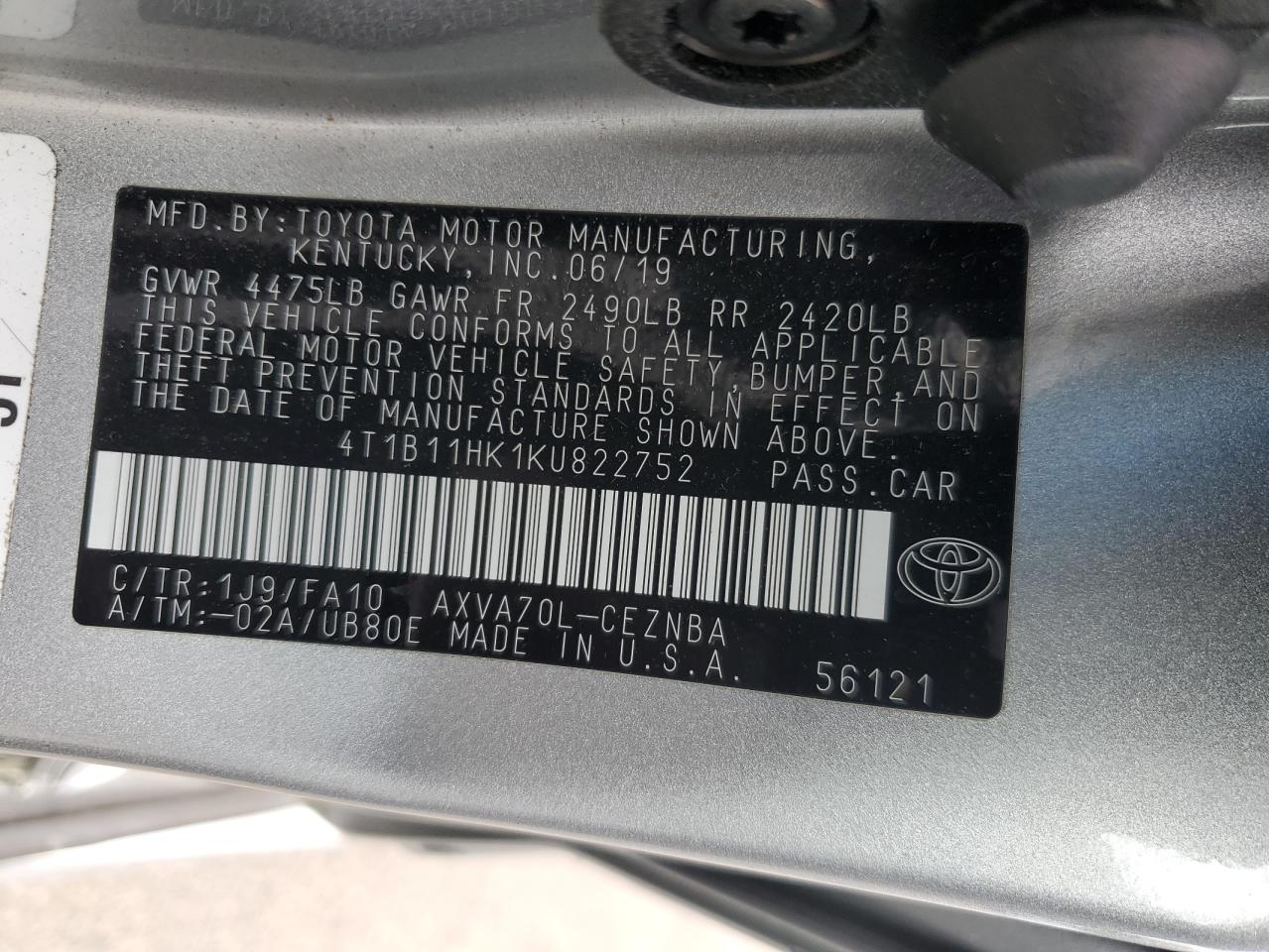 2019 Toyota Camry L VIN: 4T1B11HK1KU822752 Lot: 85754535