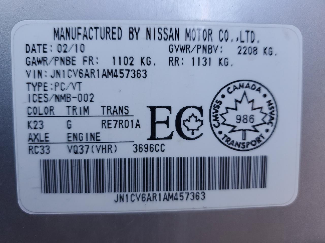 2010 Infiniti G37 VIN: JN1CV6AR1AM457363 Lot: 85302355