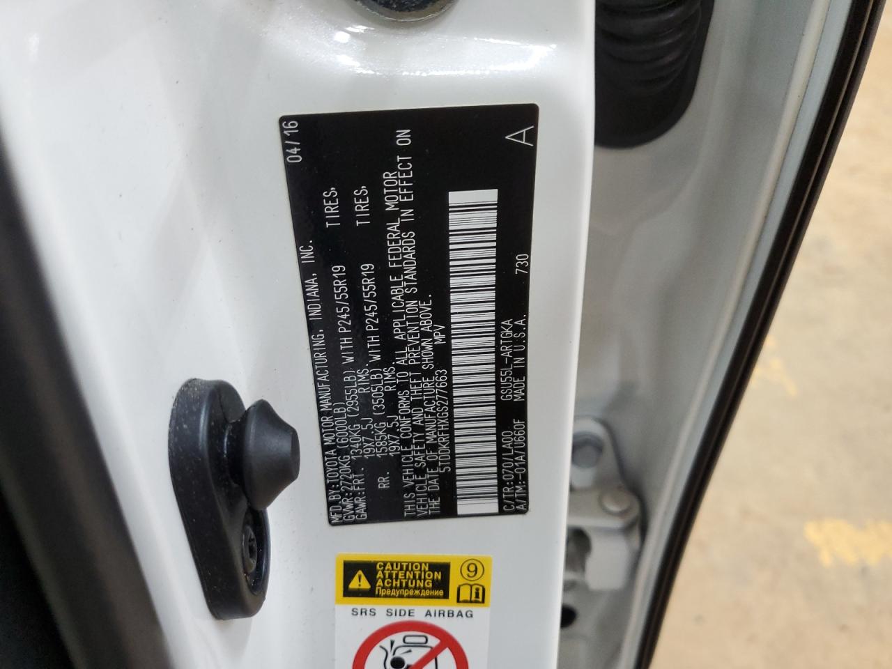 2016 Toyota Highlander Limited VIN: 5TDDKRFHXGS277663 Lot: 85151045