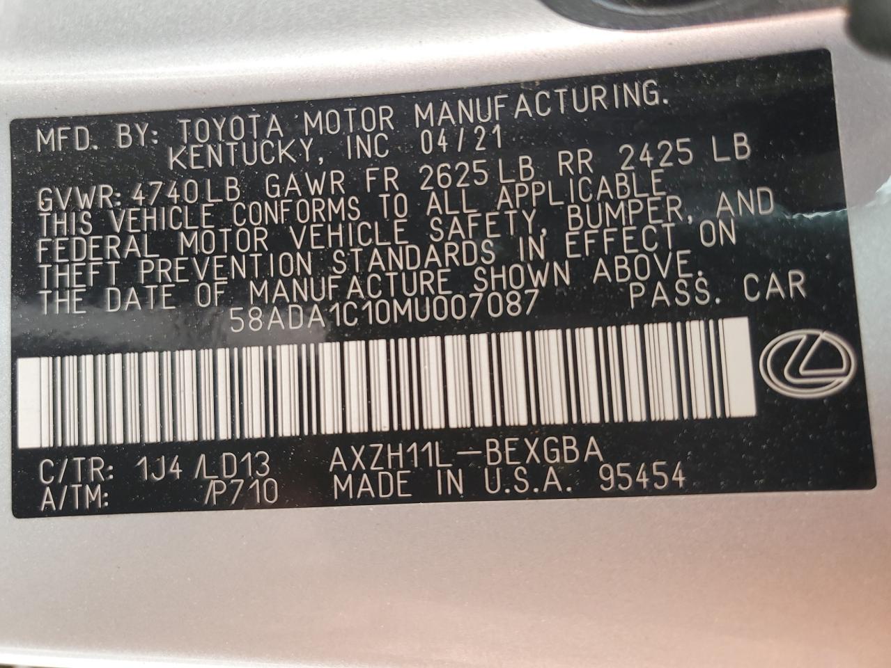 2021 Lexus Es 300H VIN: 58ADA1C10MU007087 Lot: 85551765