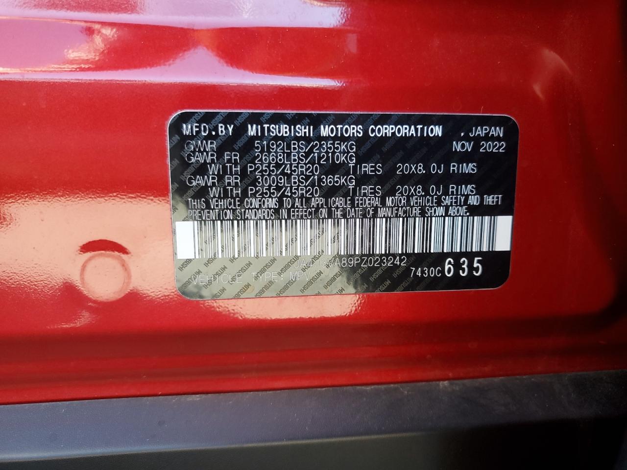 2023 Mitsubishi Outlander Sel VIN: JA4J3VA89PZ023242 Lot: 87114605