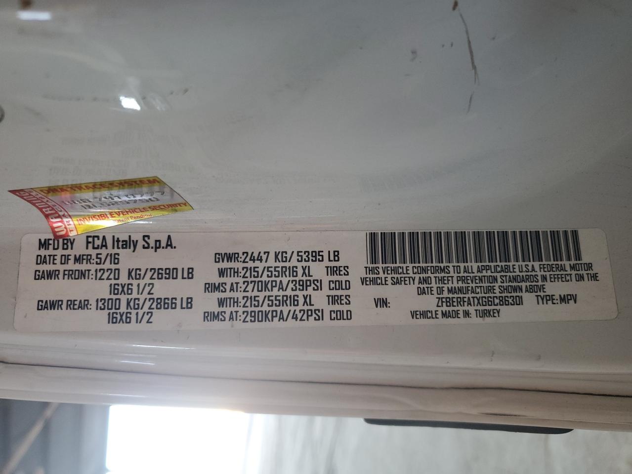 2016 Ram Promaster City VIN: ZFBERFATXG6C86301 Lot: 85406535