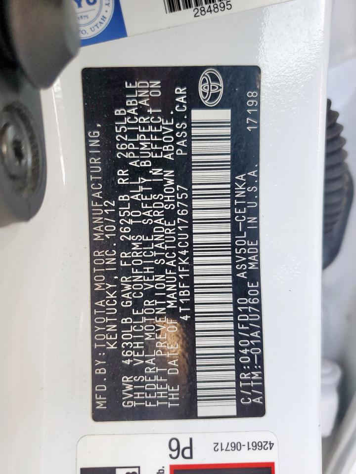 2012 Toyota Camry Base VIN: 4T1BF1FK4CU176757 Lot: 86109435