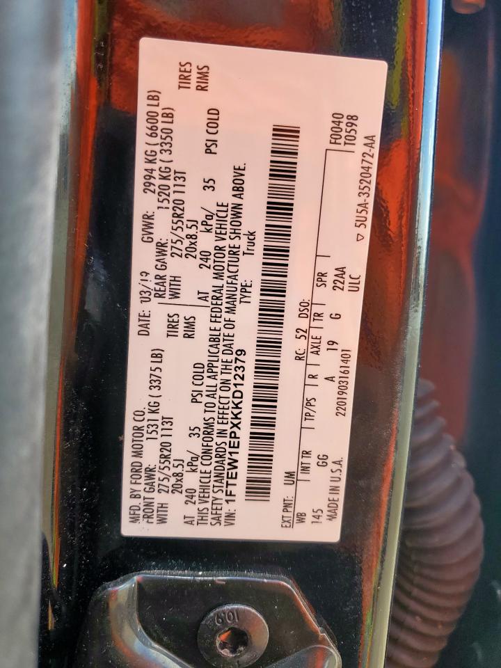 2019 Ford F150 Supercrew VIN: 1FTEW1EPXKKD12379 Lot: 82294155