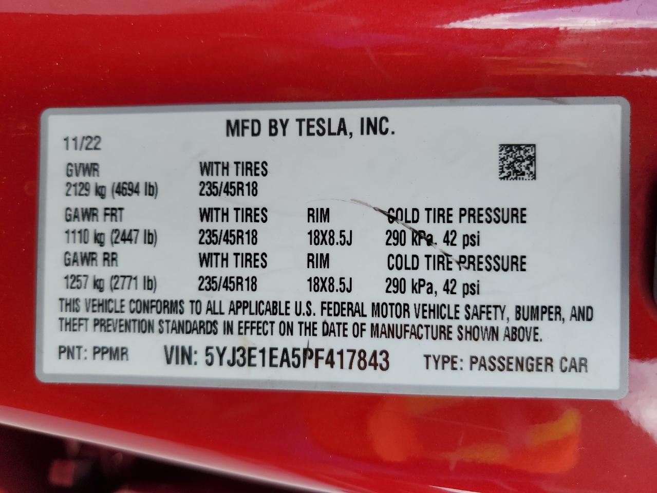 2023 Tesla Model 3 VIN: 5YJ3E1EA5PF417843 Lot: 83814585