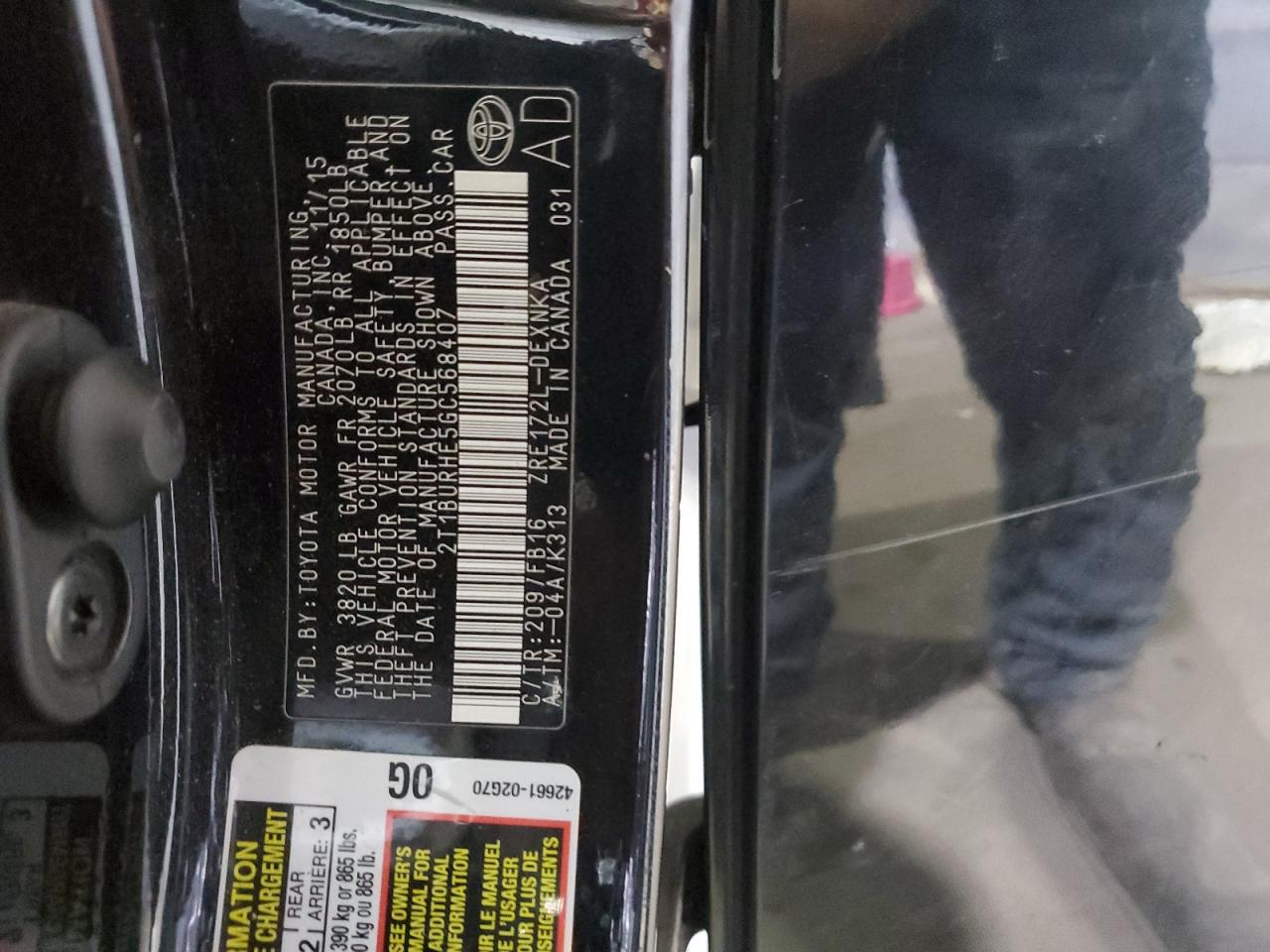 2016 Toyota Corolla L VIN: 2T1BURHE5GC568407 Lot: 84485145