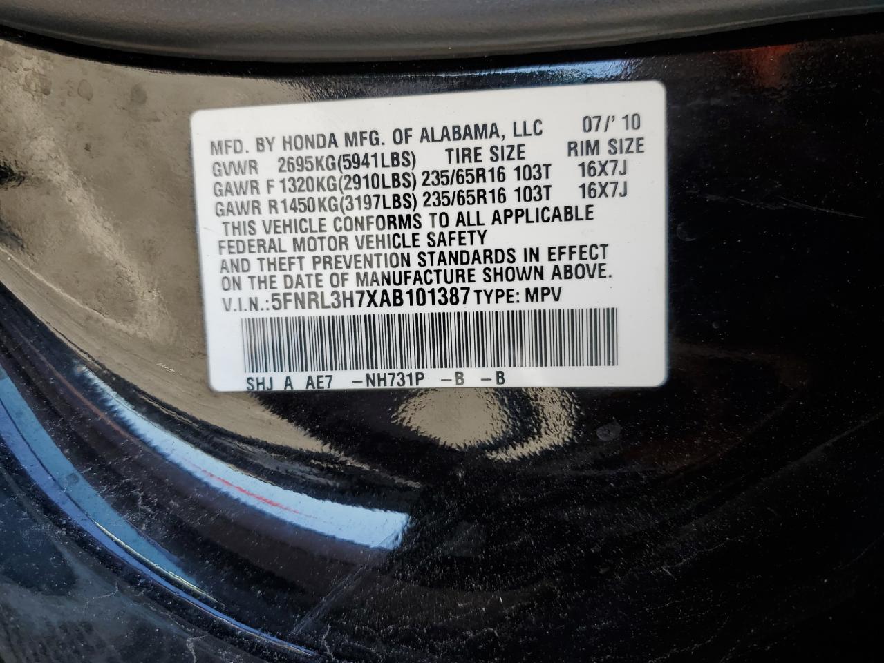 2010 Honda Odyssey Exl VIN: 5FNRL3H7XAB101387 Lot: 85728295