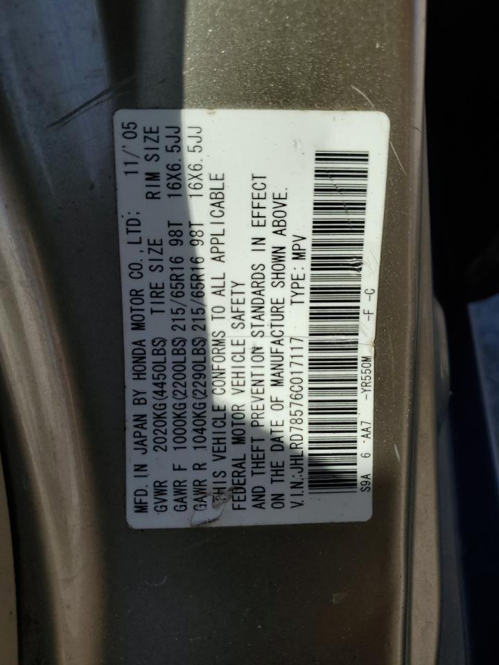 2006 Honda Cr-V Lx VIN: JHLRD78576C017117 Lot: 84980755