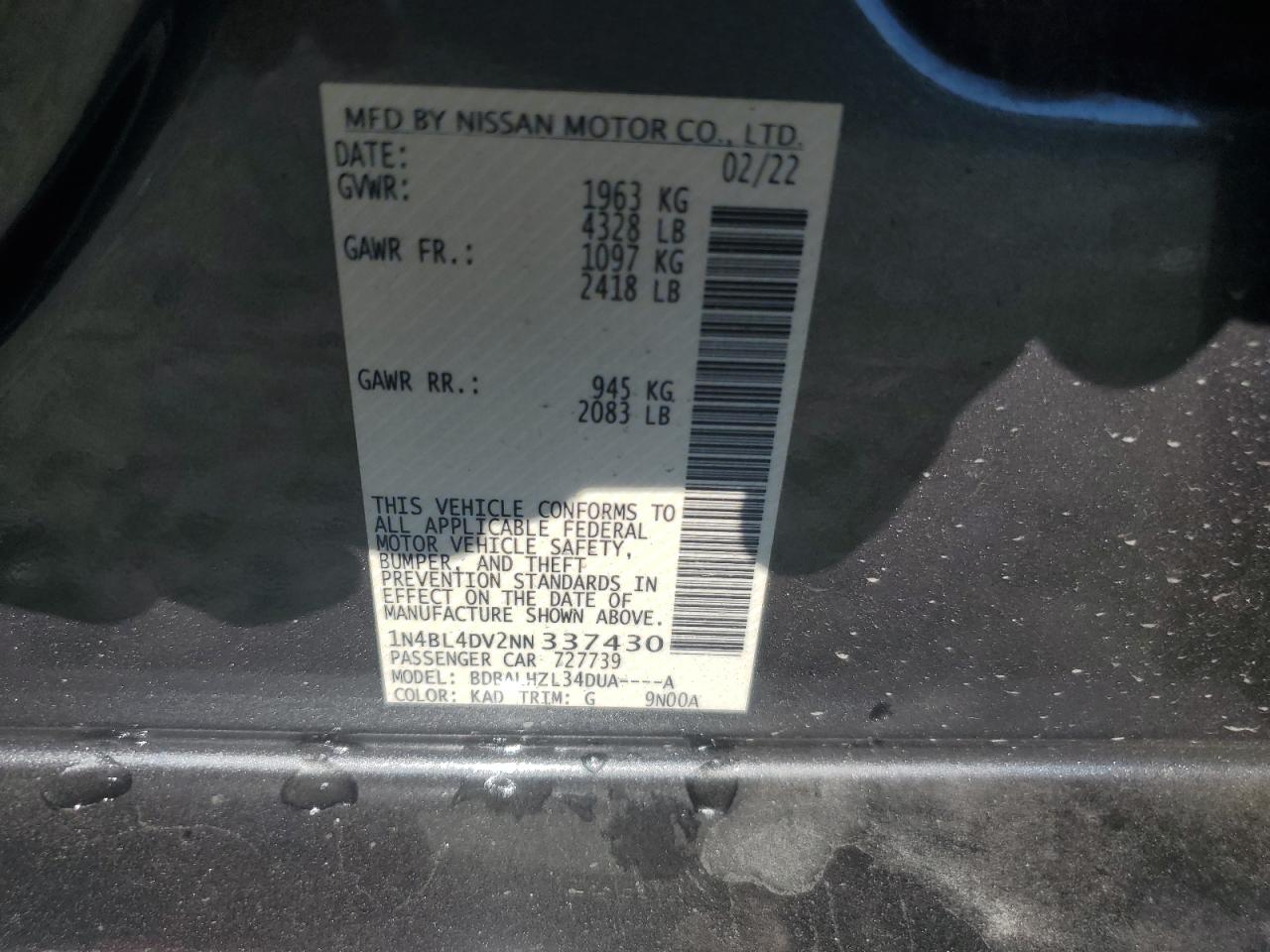 2022 Nissan Altima Sv VIN: 1N4BL4DV2NN337430 Lot: 89692515