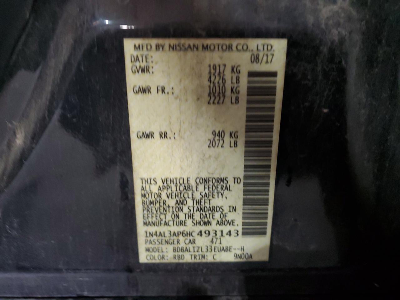 2017 Nissan Altima 2.5 VIN: 1N4AL3AP6HC493143 Lot: 85261995