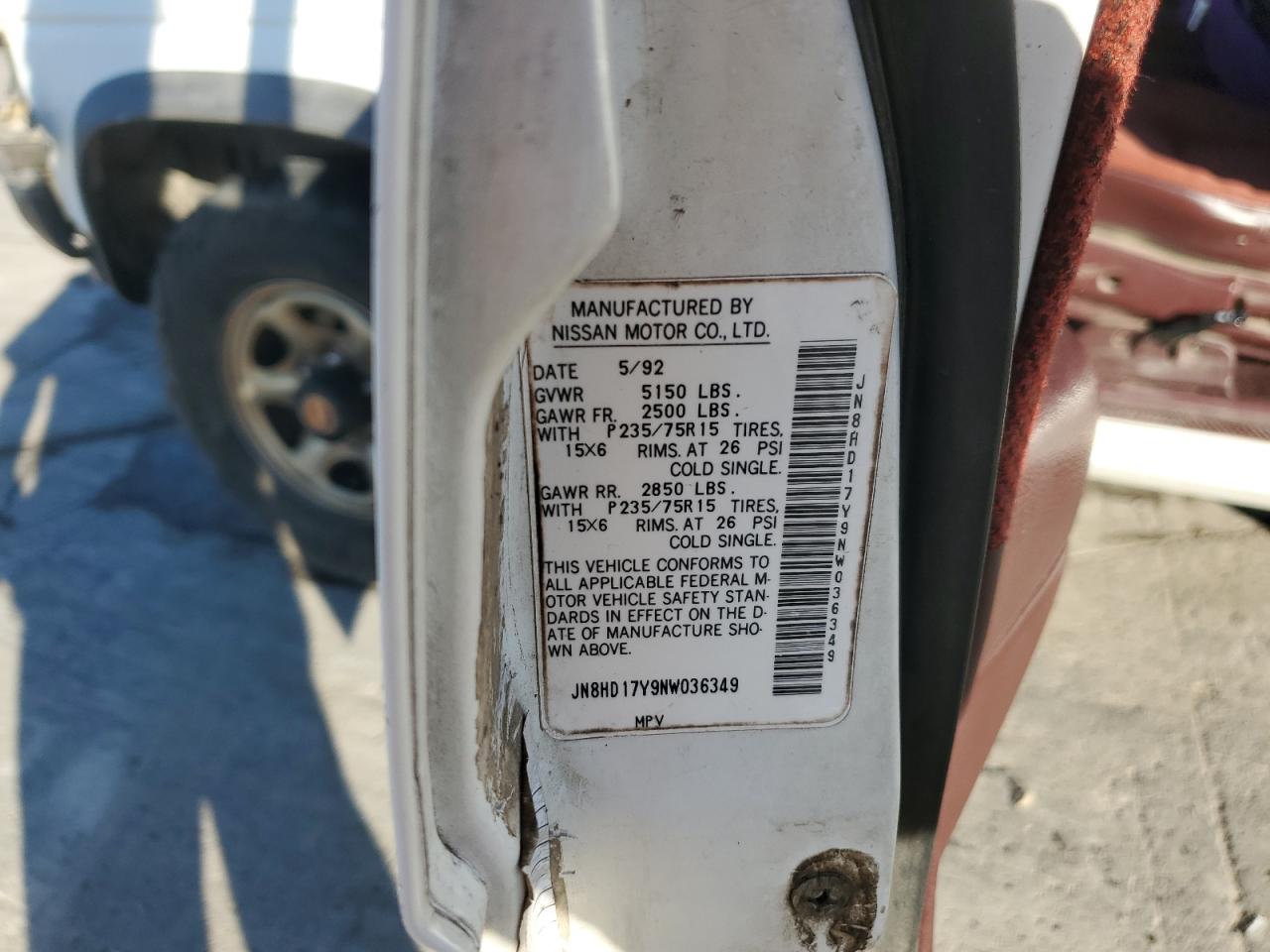 1992 Nissan Pathfinder Xe VIN: JN8HD17Y9NW036349 Lot: 86654125