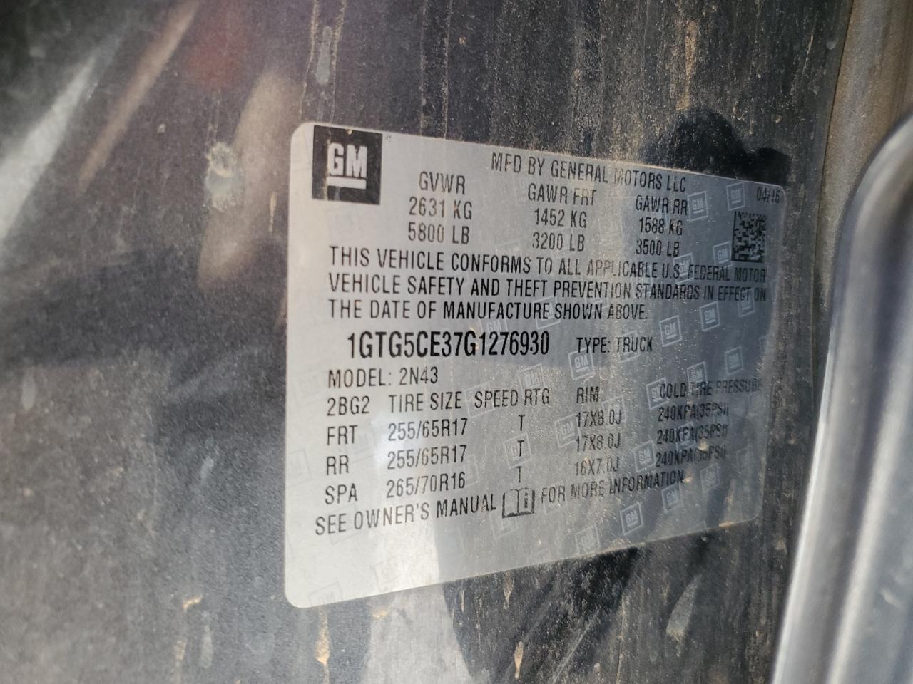 2016 GMC Canyon Sle VIN: 1GTG5CE37G1276930 Lot: 85185195