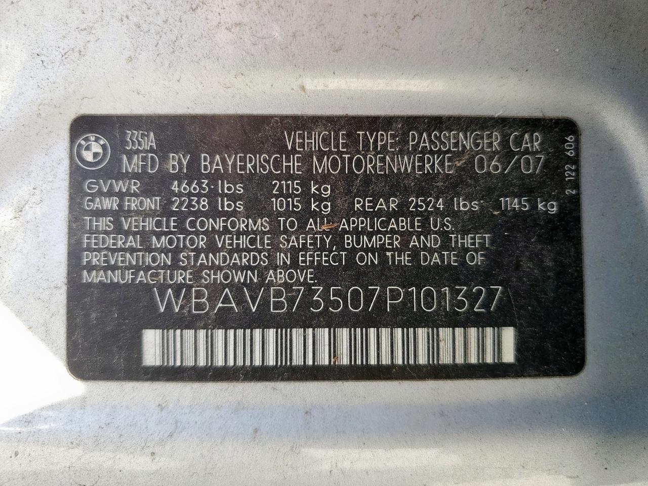 2007 BMW 335 I VIN: WBAVB73507P101327 Lot: 84618445