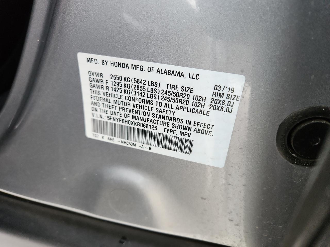 2019 Honda Pilot Elite VIN: 5FNYF6H0XKB068125 Lot: 89689705