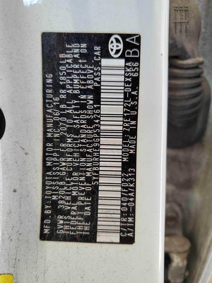 2016 Toyota Corolla L VIN: 5YFBURHE9GP534261 Lot: 82239485