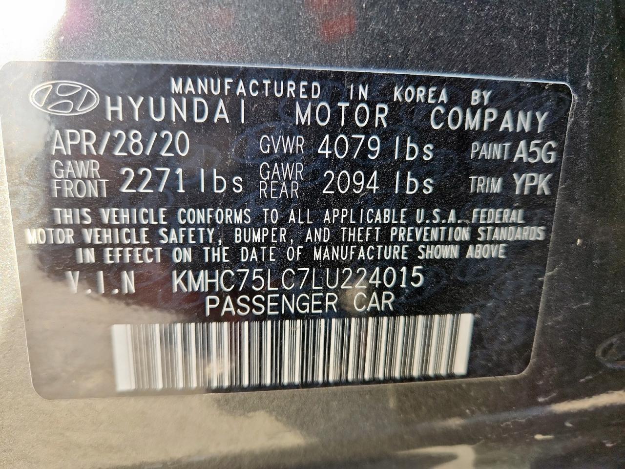 2020 Hyundai Ioniq Se VIN: KMHC75LC7LU224015 Lot: 85370205