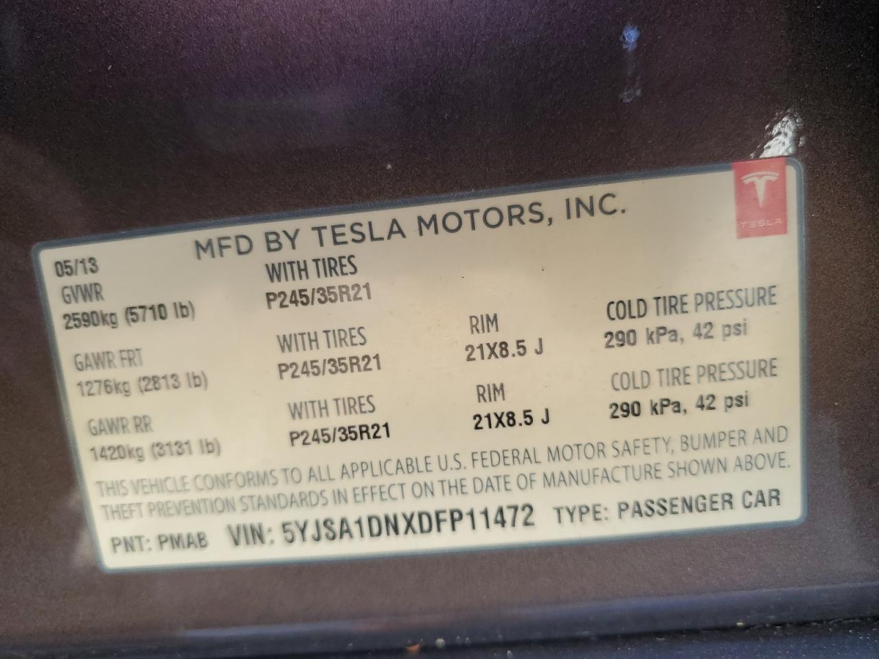 2013 Tesla Model S VIN: 5YJSA1DNXDFP11472 Lot: 83876715