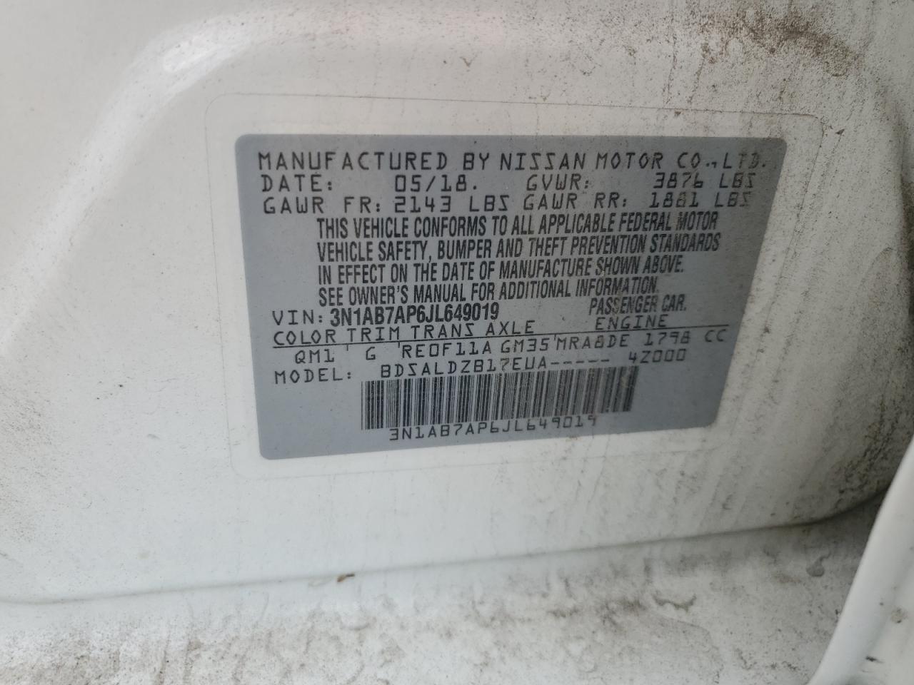 2018 Nissan Sentra S VIN: 3N1AB7AP6JL649019 Lot: 82276785