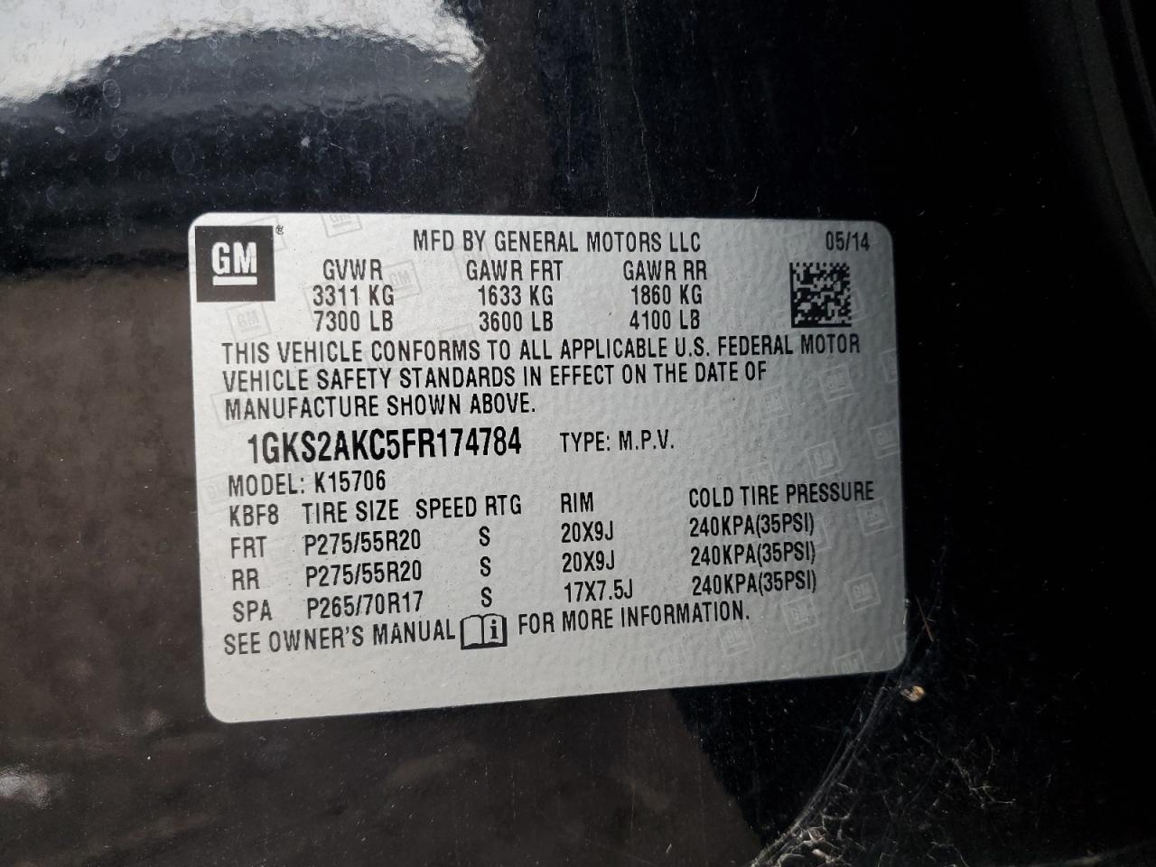 2015 GMC Yukon Sle VIN: 1GKS2AKC5FR174784 Lot: 86832195