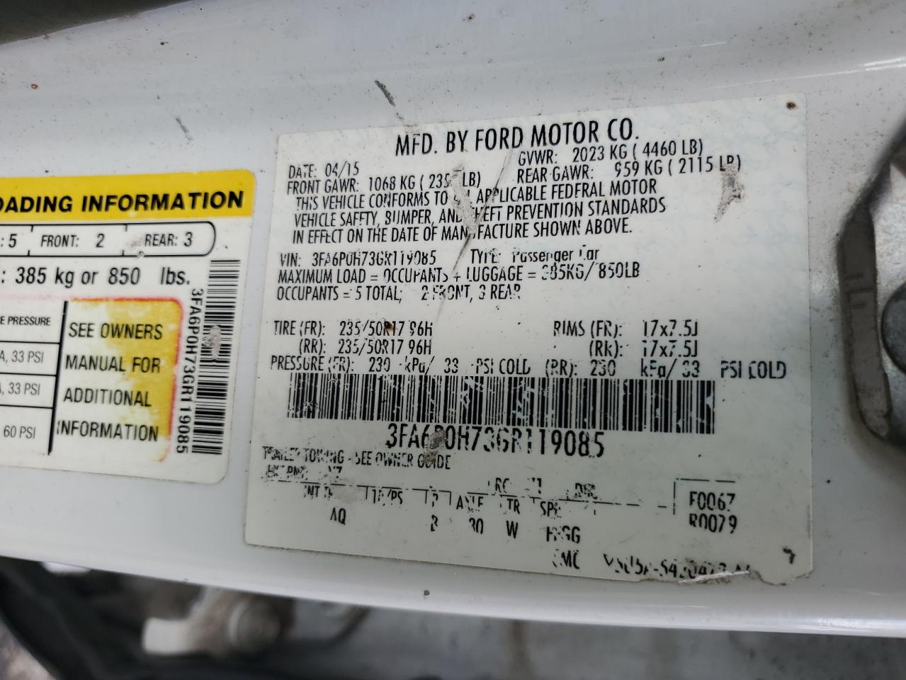 2016 Ford Fusion Se VIN: 3FA6P0H73GR119085 Lot: 85139925