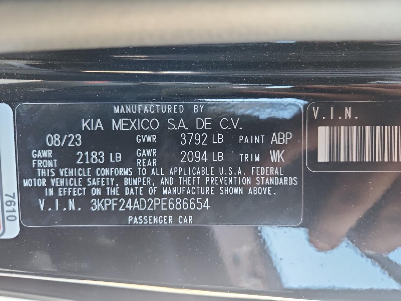 2023 Kia Forte Lx VIN: 3KPF24AD2PE686654 Lot: 82503665