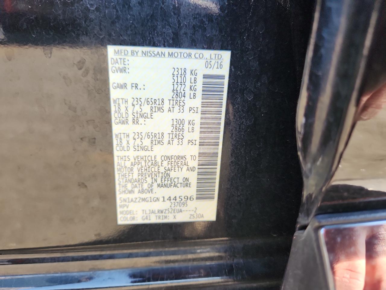 2016 Nissan Murano S VIN: 5N1AZ2MG1GN144596 Lot: 85510225