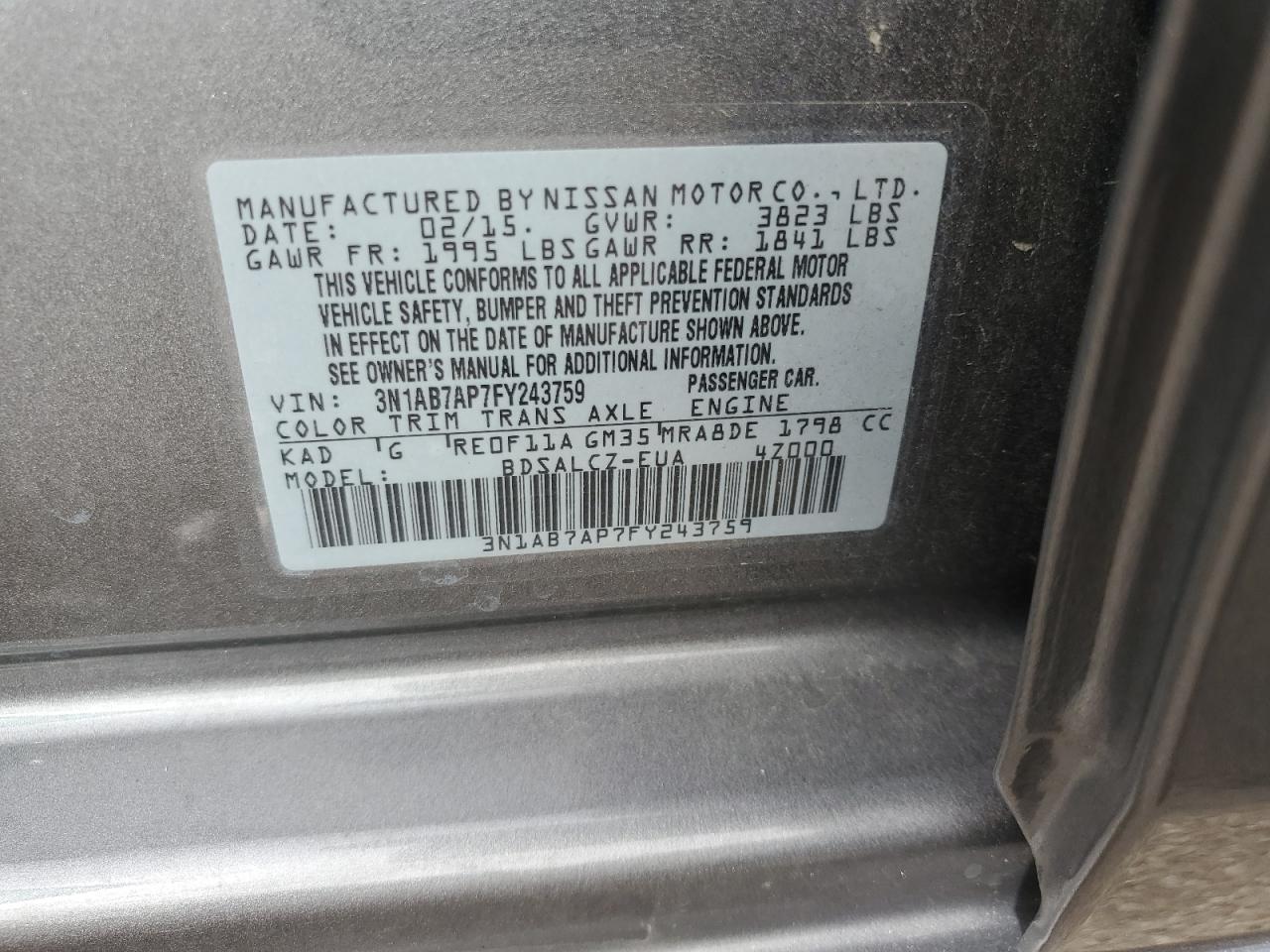 2015 Nissan Sentra S VIN: 3N1AB7AP7FY243759 Lot: 85680115