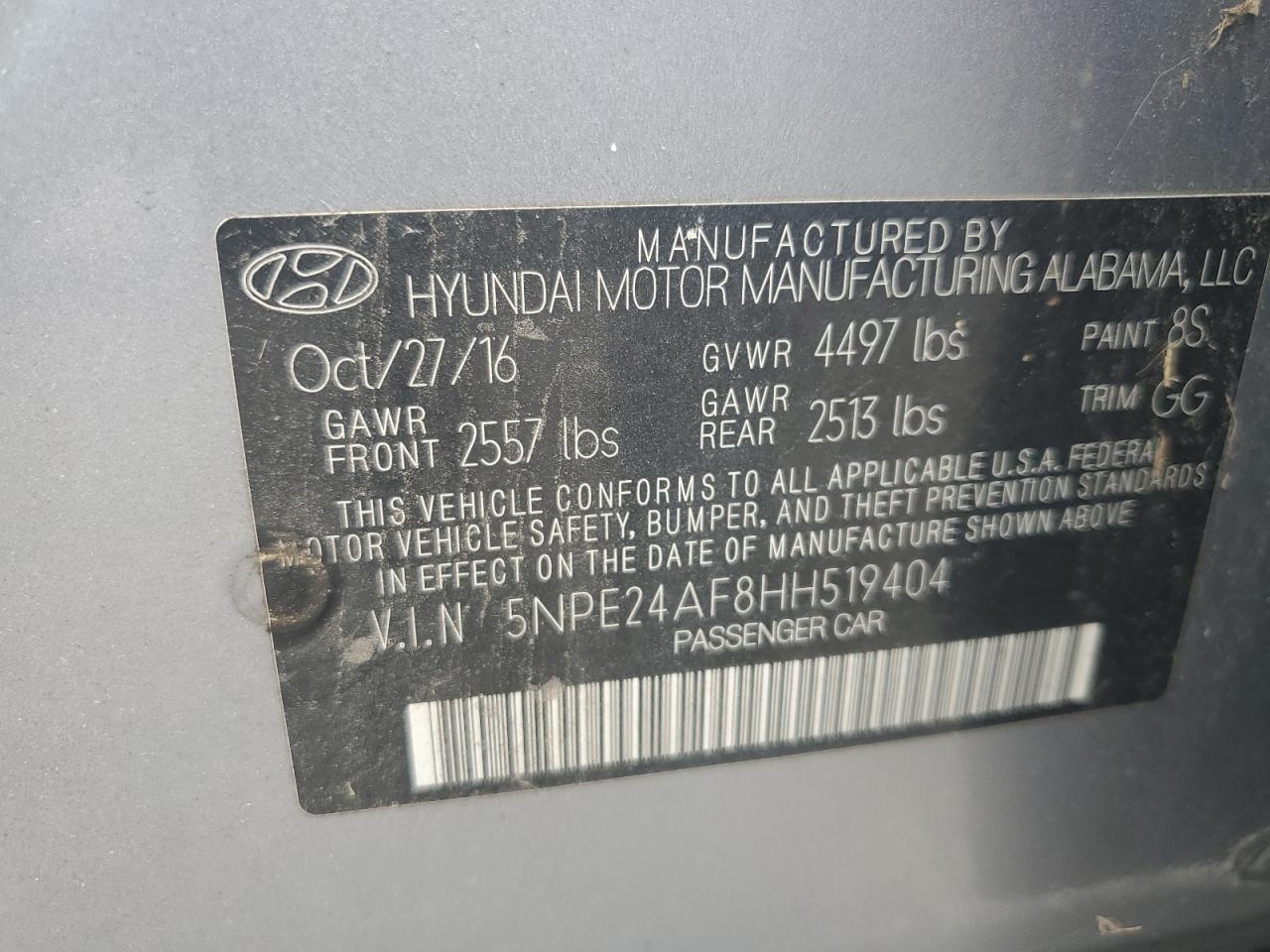 2017 Hyundai Sonata Se VIN: 5NPE24AF8HH519404 Lot: 86609665