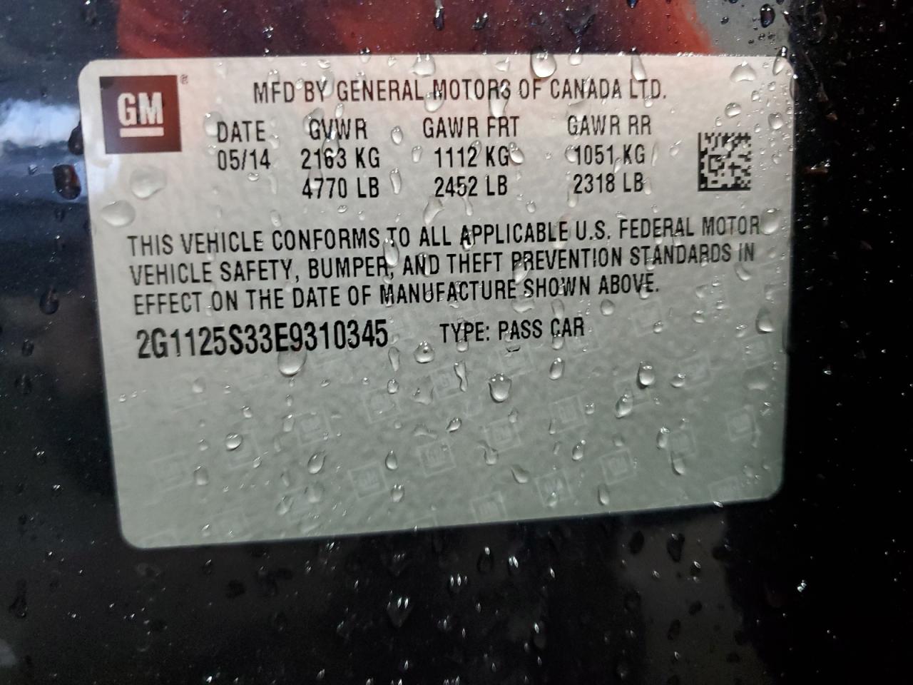 2014 Chevrolet Impala Lt VIN: 2G1125S33E9310345 Lot: 84456015