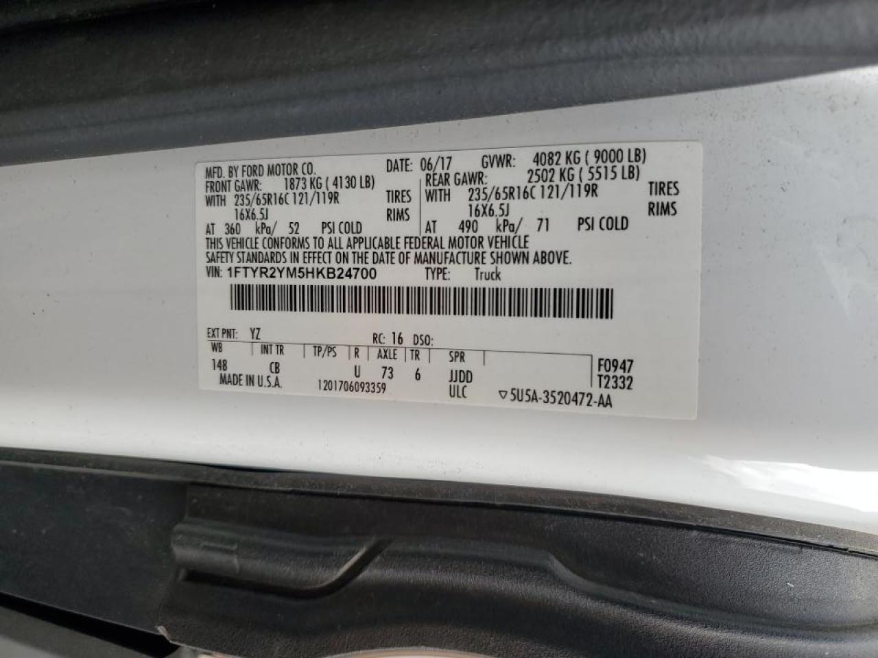 2017 Ford Transit T-250 VIN: 1FTYR2YM5HKB24700 Lot: 93359545