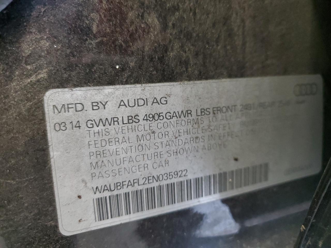 2014 Audi A4 Premium VIN: WAUBFAFL2EN035922 Lot: 90394455