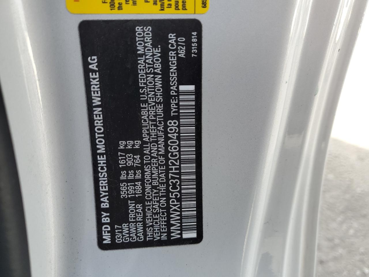 2017 Mini Cooper VIN: WMWXP5C37H2G60498 Lot: 82279815