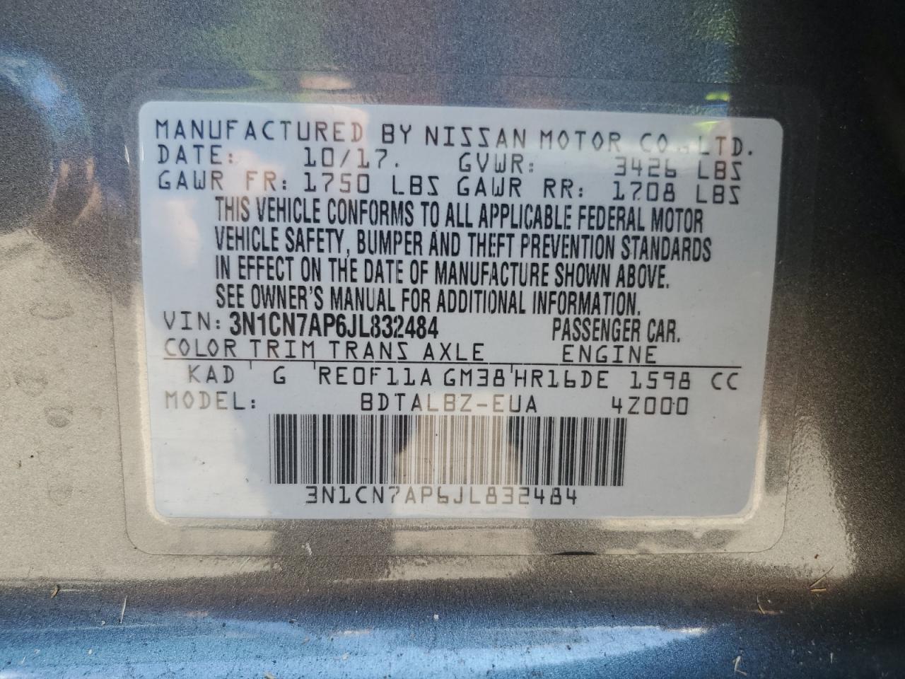 2018 Nissan Versa S VIN: 3N1CN7AP6JL832484 Lot: 70428355