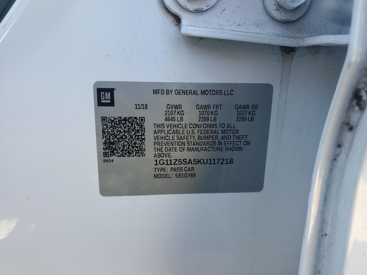 2019 Chevrolet Impala Lt VIN: 1G11Z5SA5KU117218 Lot: 90334845