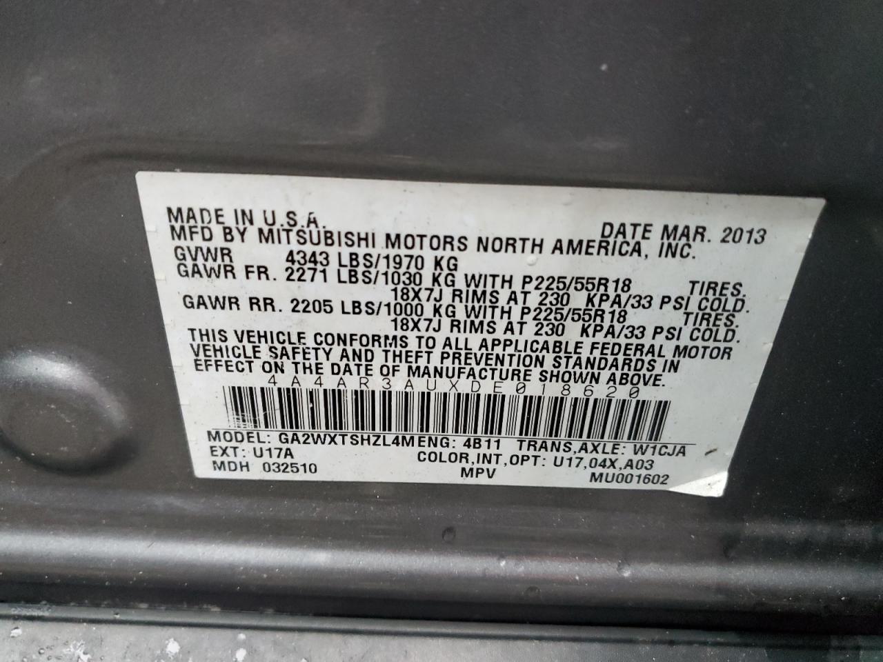 2013 Mitsubishi Outlander Sport Es VIN: 4A4AR3AUXDE018620 Lot: 82566605