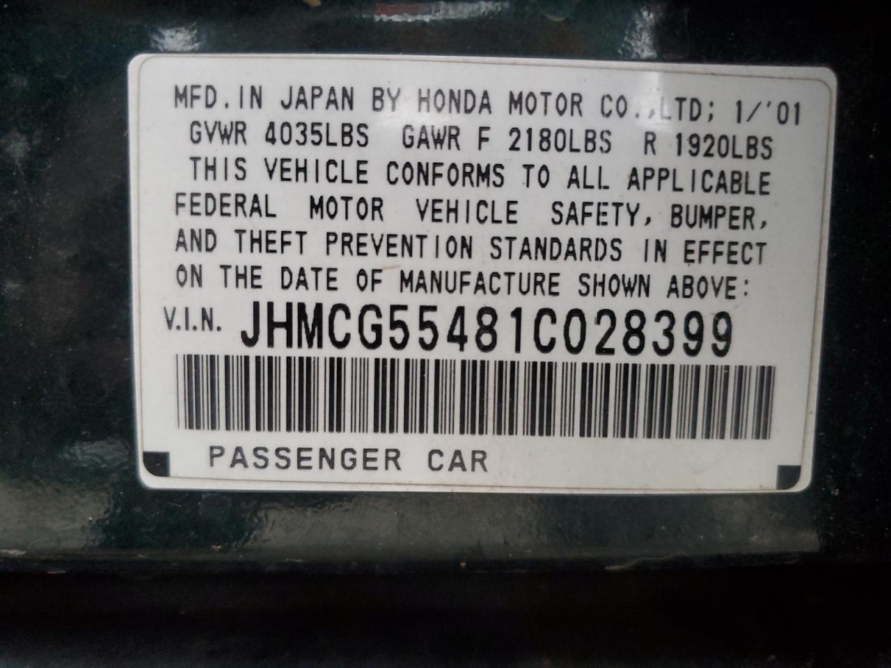 2001 Honda Accord Lx VIN: JHMCG55481C028399 Lot: 89642465