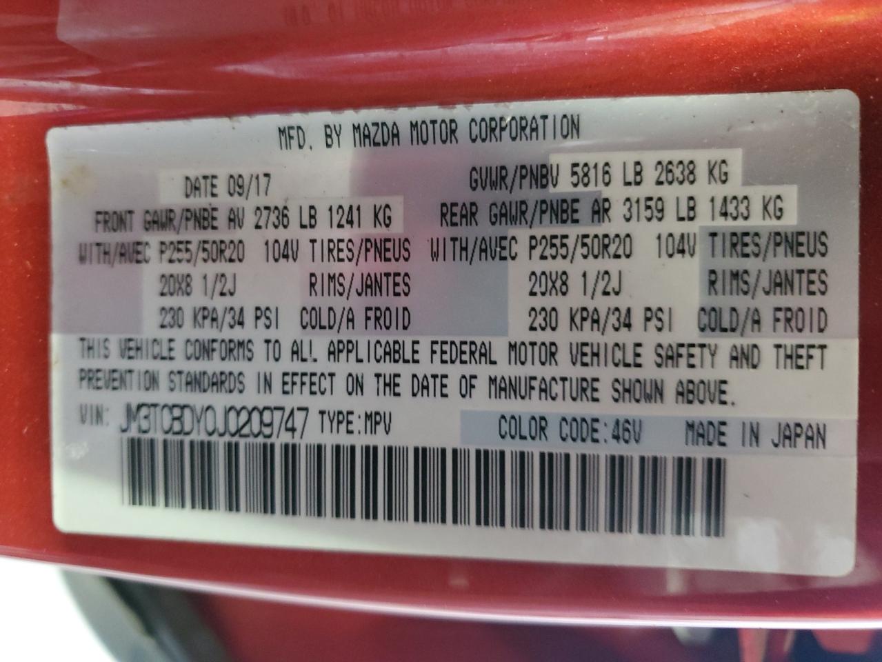 2018 Mazda Cx-9 Grand Touring VIN: JM3TCBDY0J0209747 Lot: 82352985