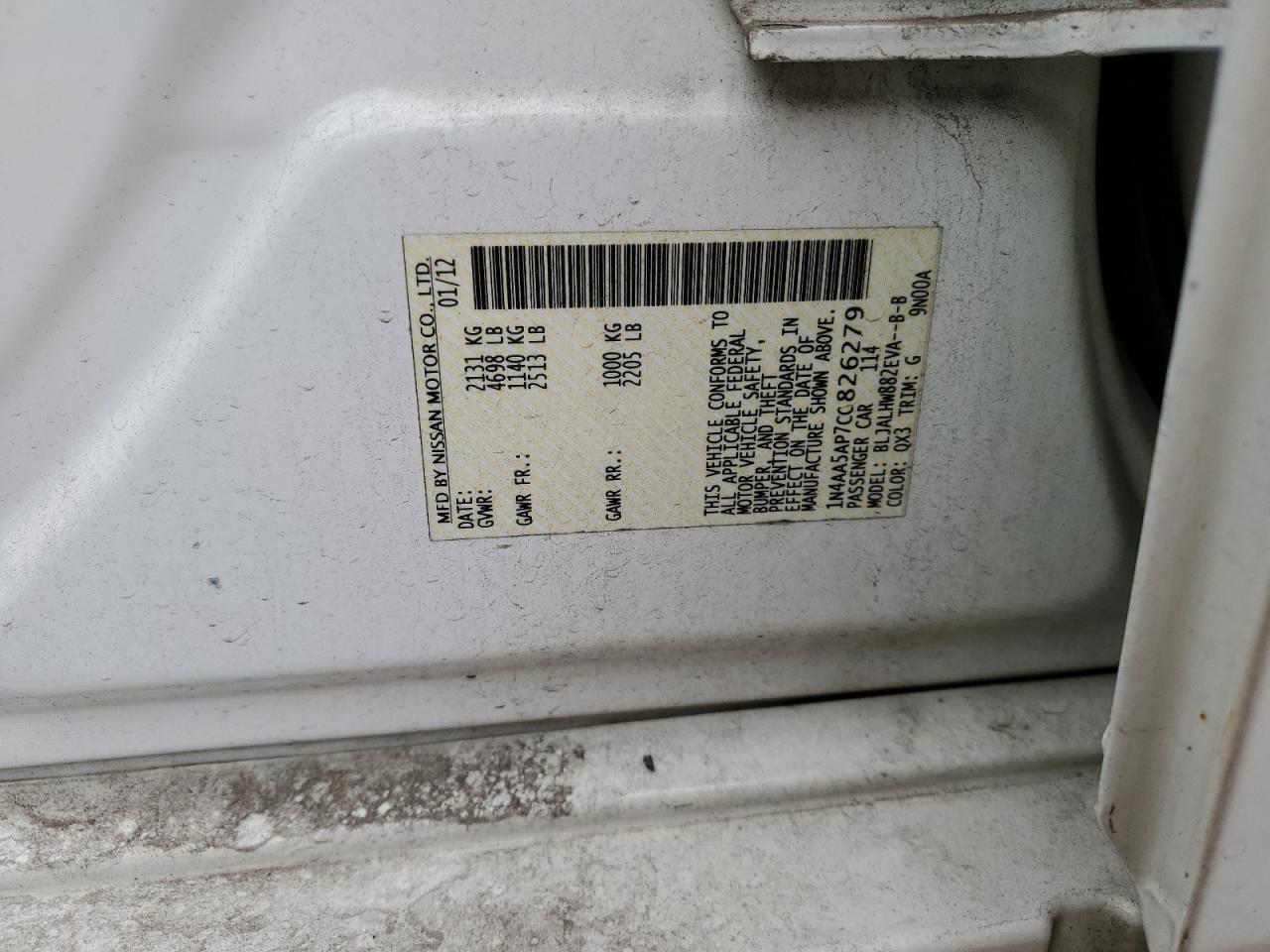 2012 Nissan Maxima S VIN: 1N4AA5AP7CC826279 Lot: 89892235