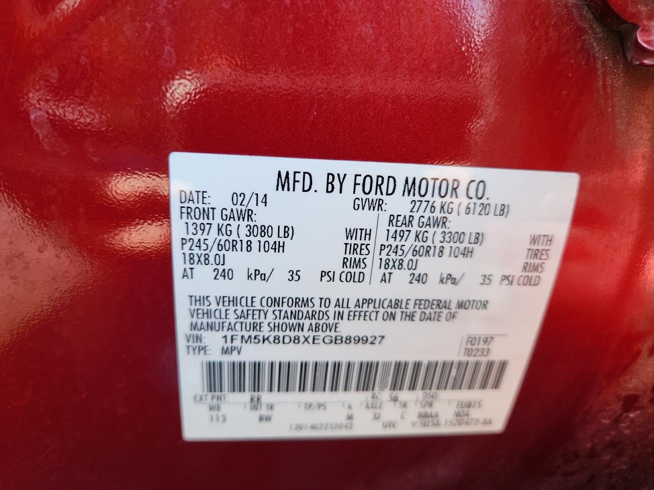 2014 Ford Explorer Xlt VIN: 1FM5K8D8XEGB89927 Lot: 84704255