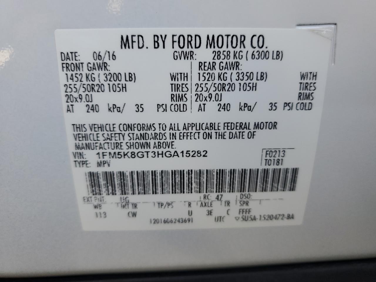 2017 Ford Explorer Sport VIN: 1FM5K8GT3HGA15282 Lot: 85899525