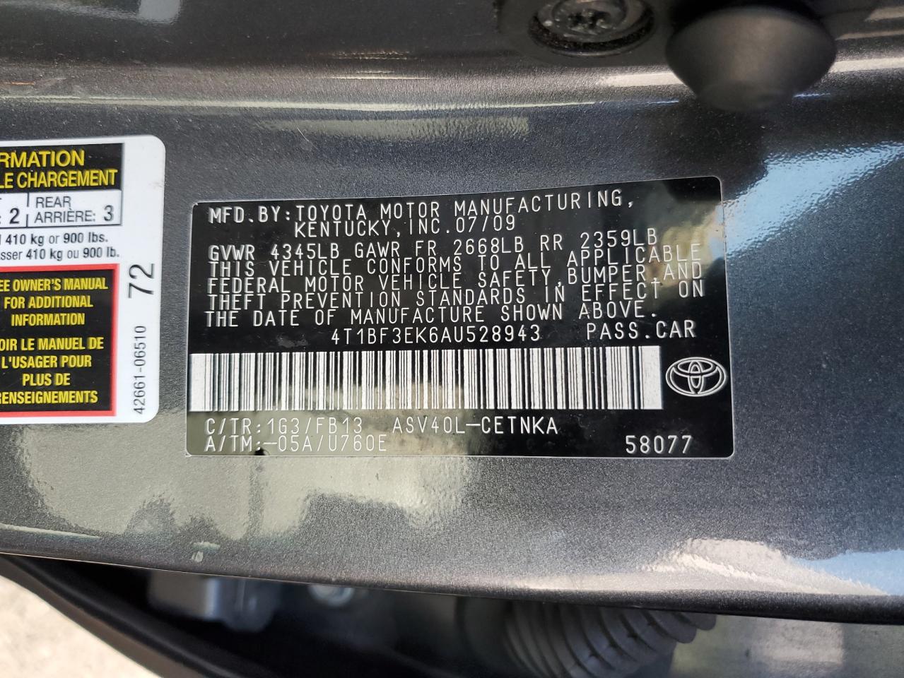 2010 Toyota Camry Base VIN: 4T1BF3EK6AU528943 Lot: 85258715