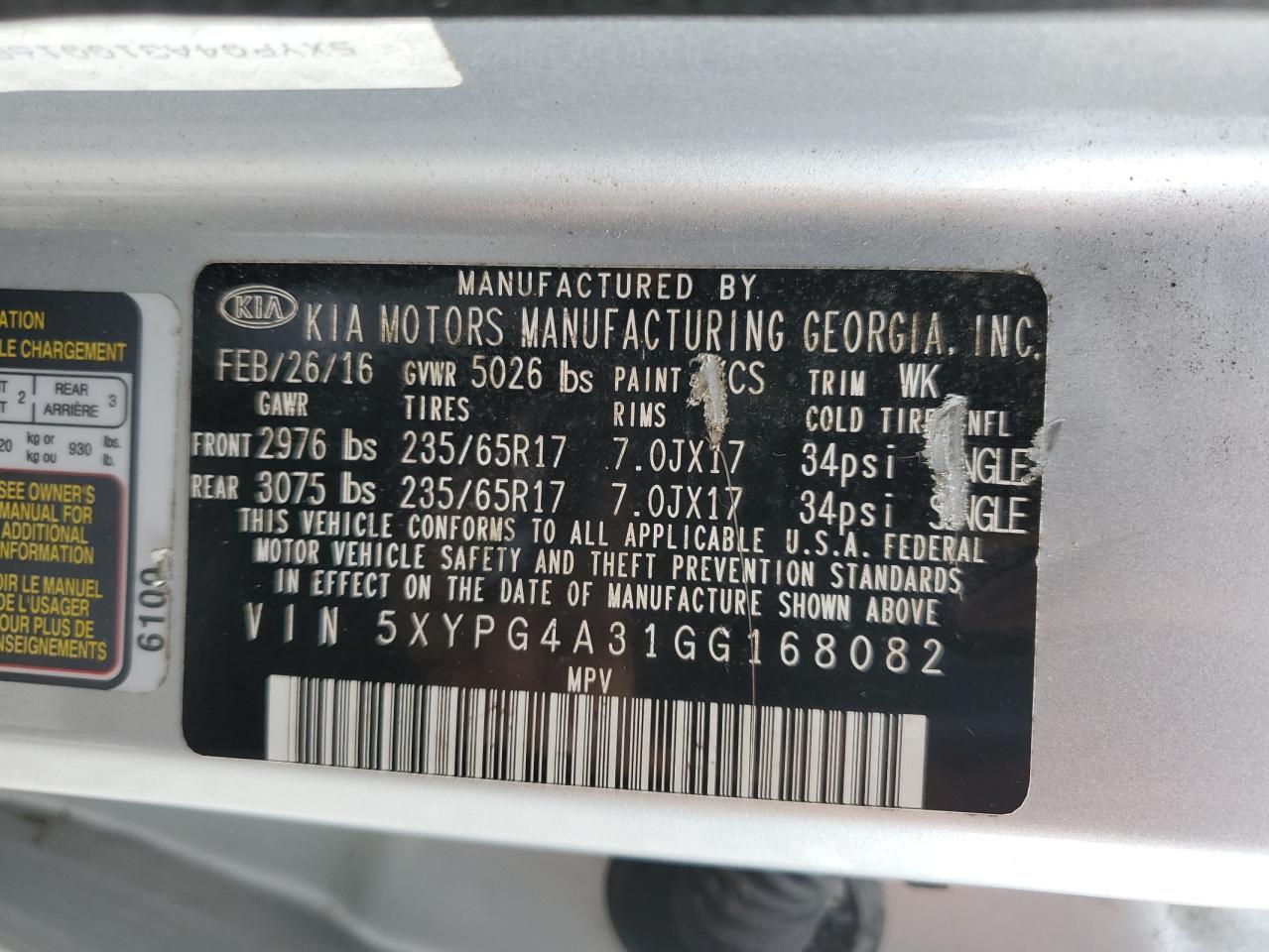 2016 Kia Sorento Lx VIN: 5XYPG4A31GG168082 Lot: 89625345