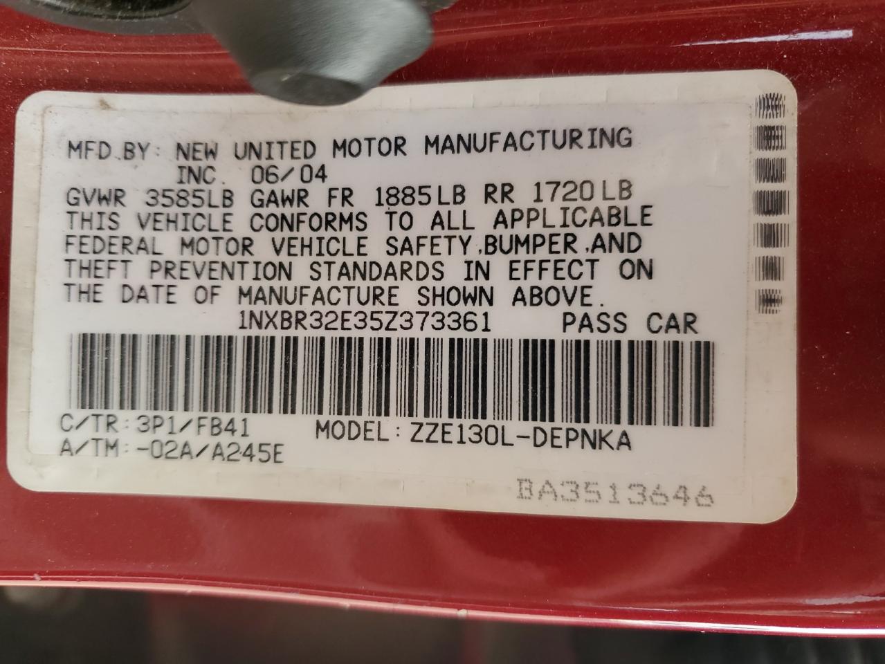 2005 Toyota Corolla Ce VIN: 1NXBR32E35Z373361 Lot: 85676085